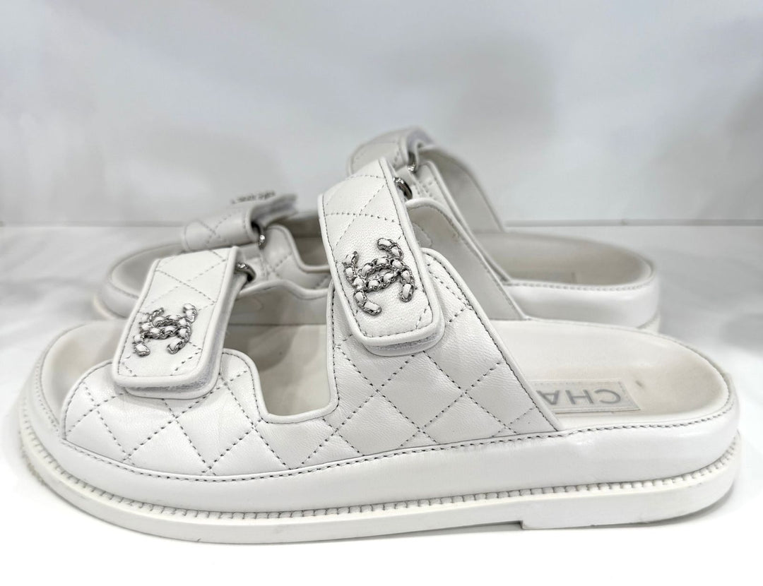 CHANEL LAMBSKIN QUILTED VELCRO DAD CHAIN CC SLIDE SANDALS