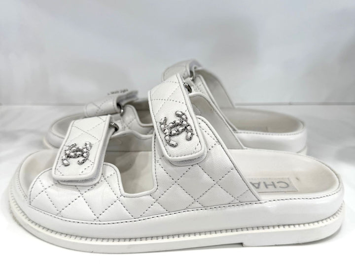 CHANEL LAMBSKIN QUILTED VELCRO DAD CHAIN CC SLIDE SANDALS