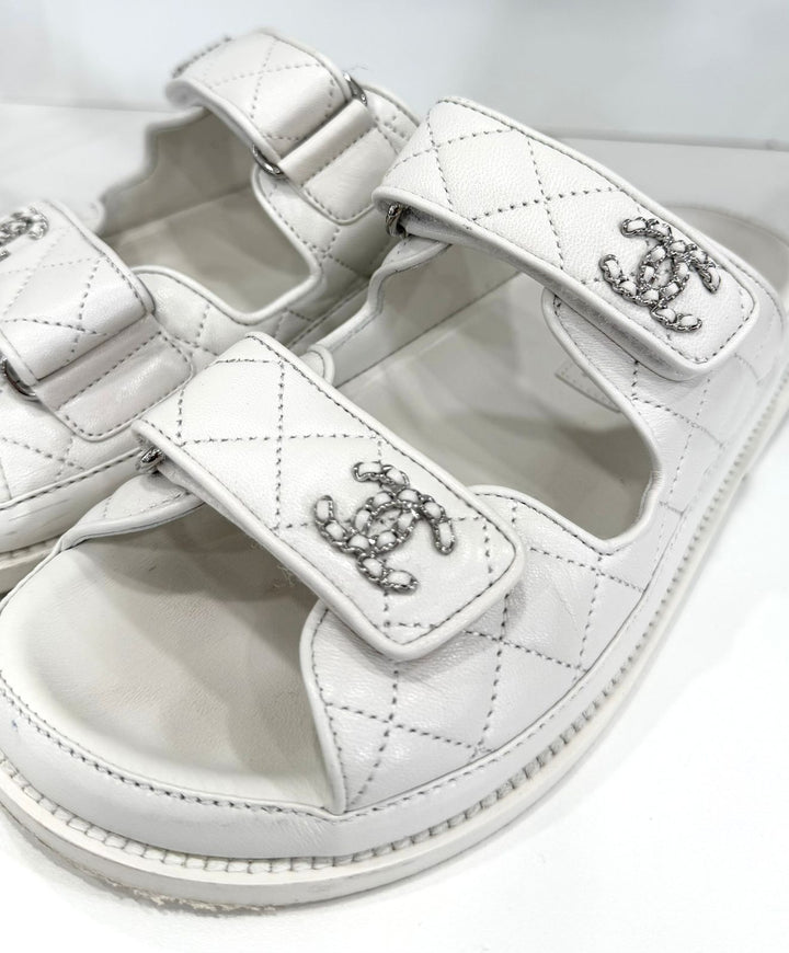 CHANEL LAMBSKIN QUILTED VELCRO DAD CHAIN CC SLIDE SANDALS