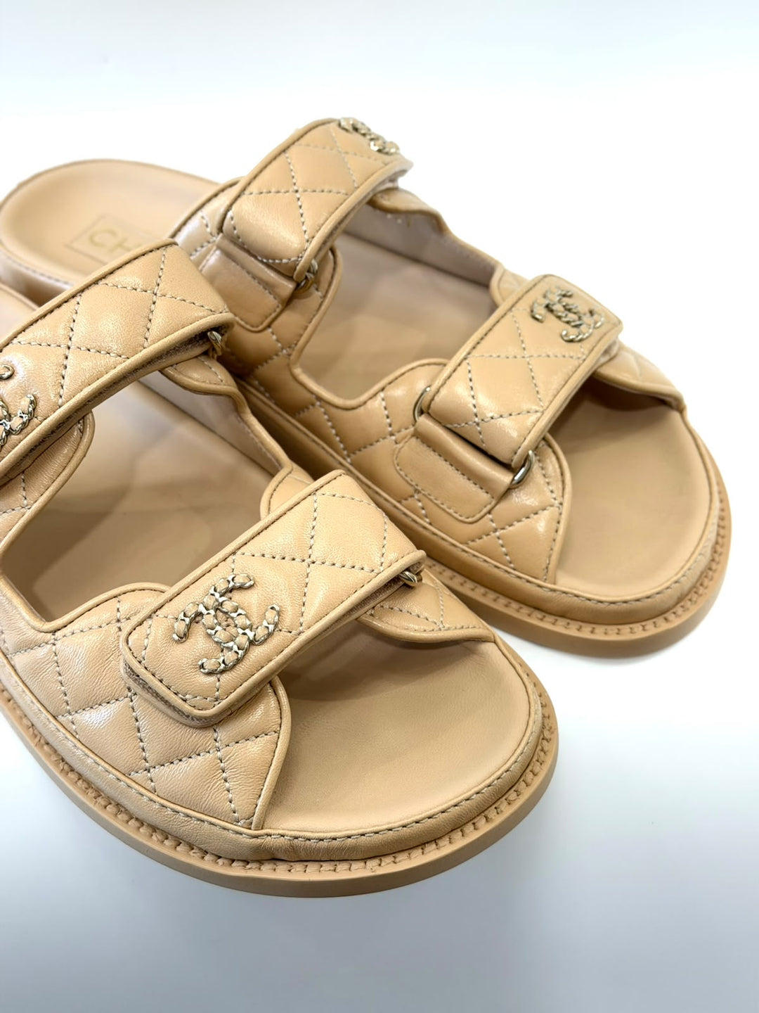 CHANEL LAMBSKIN QUILTED VELCRO DAD CHAIN CC SLIDE SANDALS