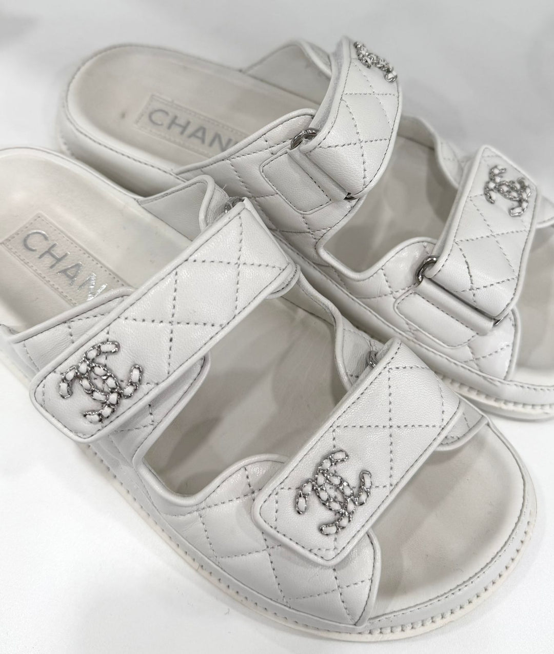 CHANEL LAMBSKIN QUILTED VELCRO DAD CHAIN CC SLIDE SANDALS