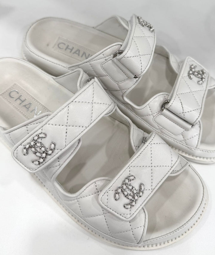CHANEL LAMBSKIN QUILTED VELCRO DAD CHAIN CC SLIDE SANDALS