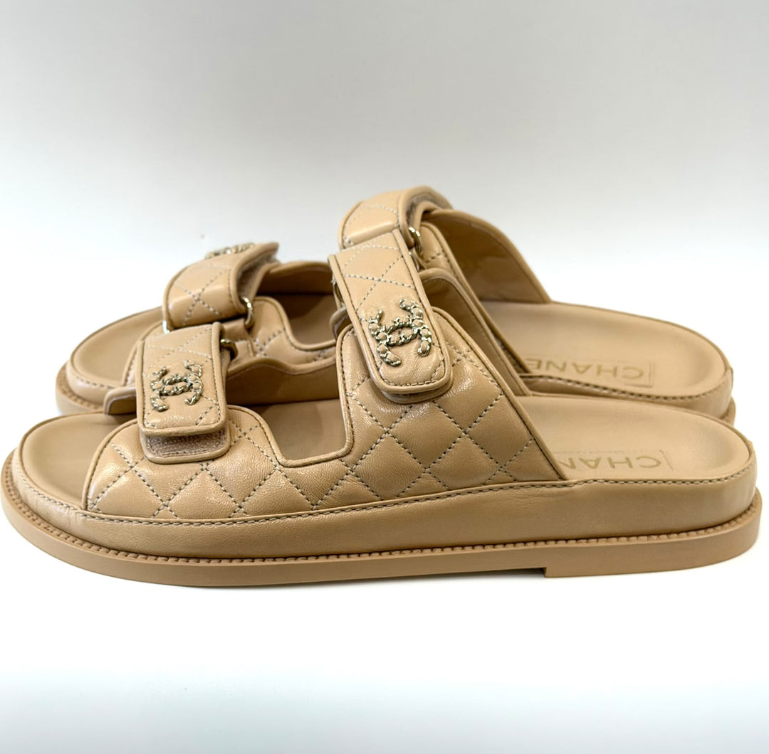 CHANEL LAMBSKIN QUILTED VELCRO DAD CHAIN CC SLIDE SANDALS