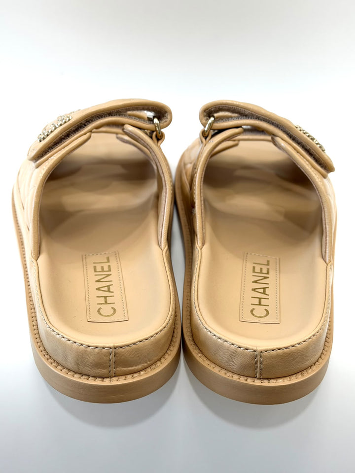 CHANEL LAMBSKIN QUILTED VELCRO DAD CHAIN CC SLIDE SANDALS