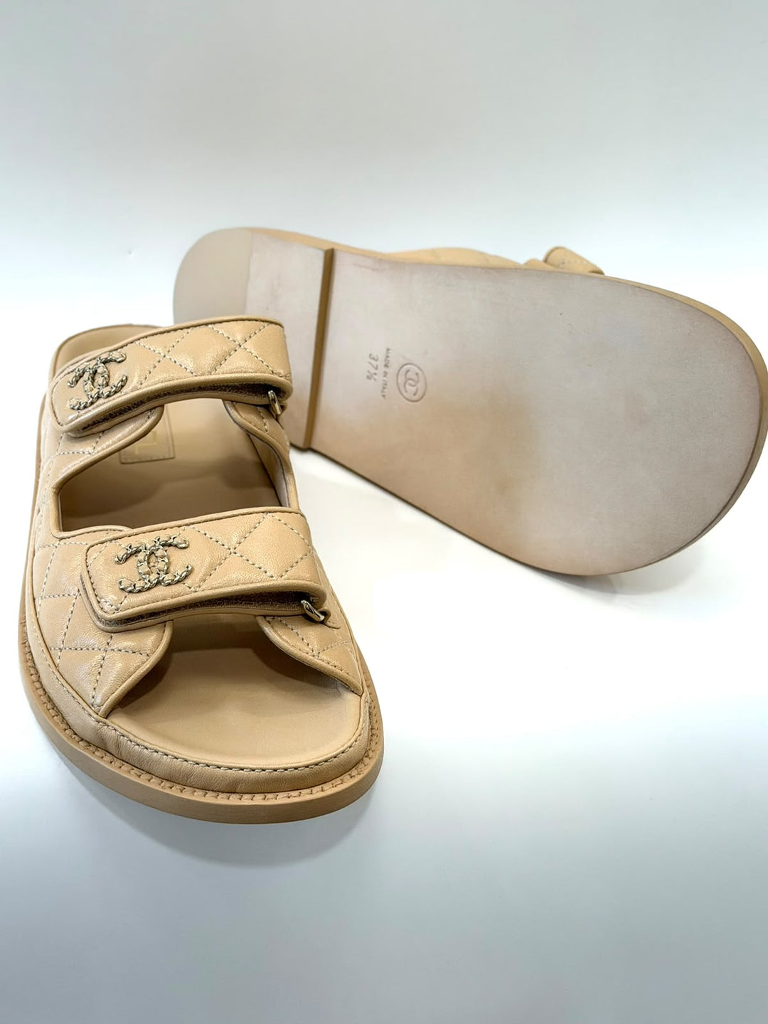 CHANEL LAMBSKIN QUILTED VELCRO DAD CHAIN CC SLIDE SANDALS