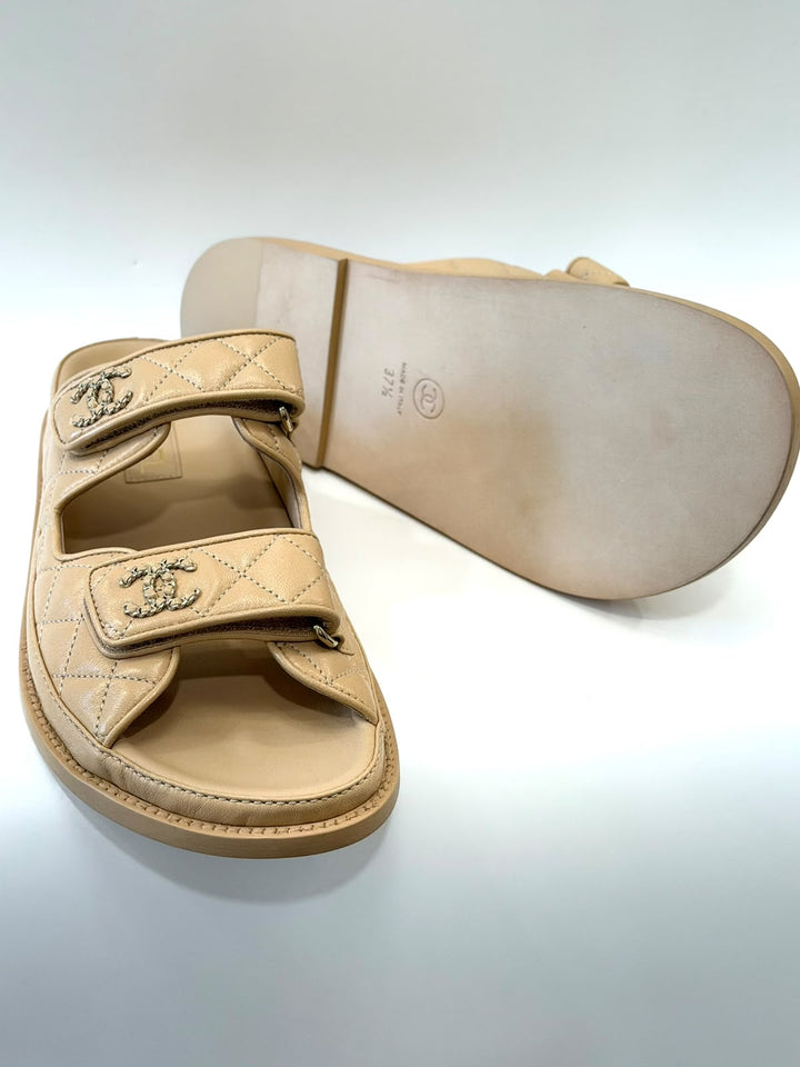 CHANEL LAMBSKIN QUILTED VELCRO DAD CHAIN CC SLIDE SANDALS