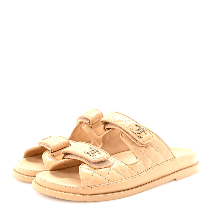 CHANEL LAMBSKIN QUILTED VELCRO DAD CHAIN CC SLIDE SANDALS