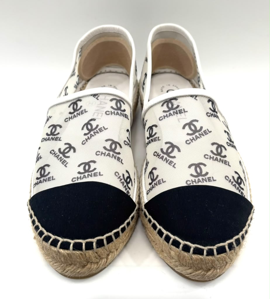 CHANEL LOGO PRINT MESH ESPADRILLES
