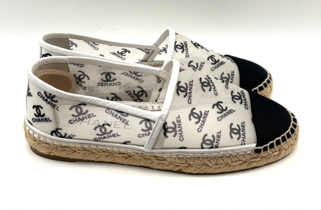 CHANEL LOGO PRINT MESH ESPADRILLES