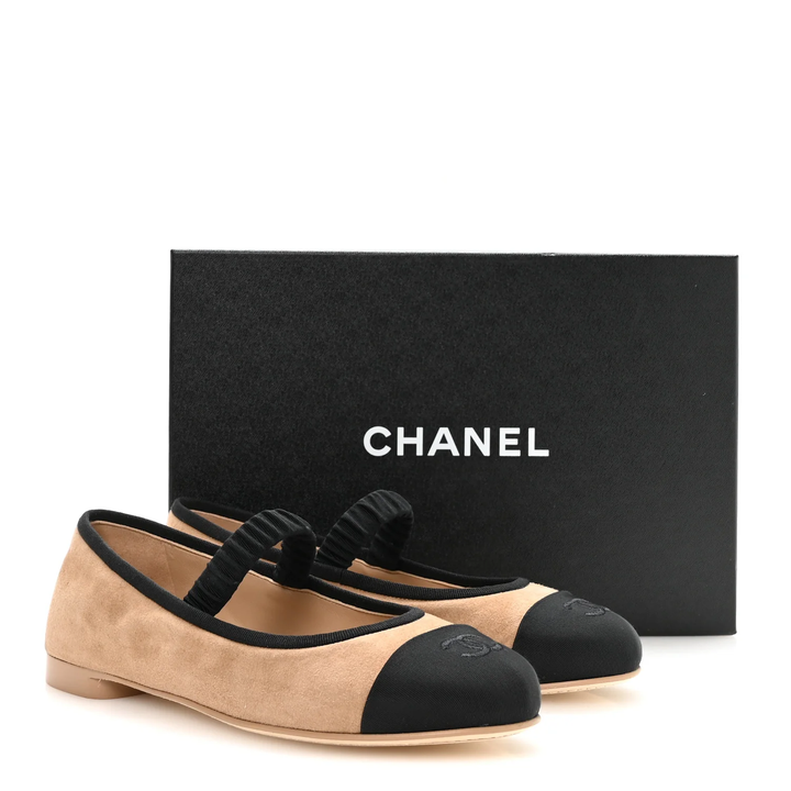 CHANEL GROSGRAIN SUEDE GOATSKIN MARY JANE BALLET FLATS