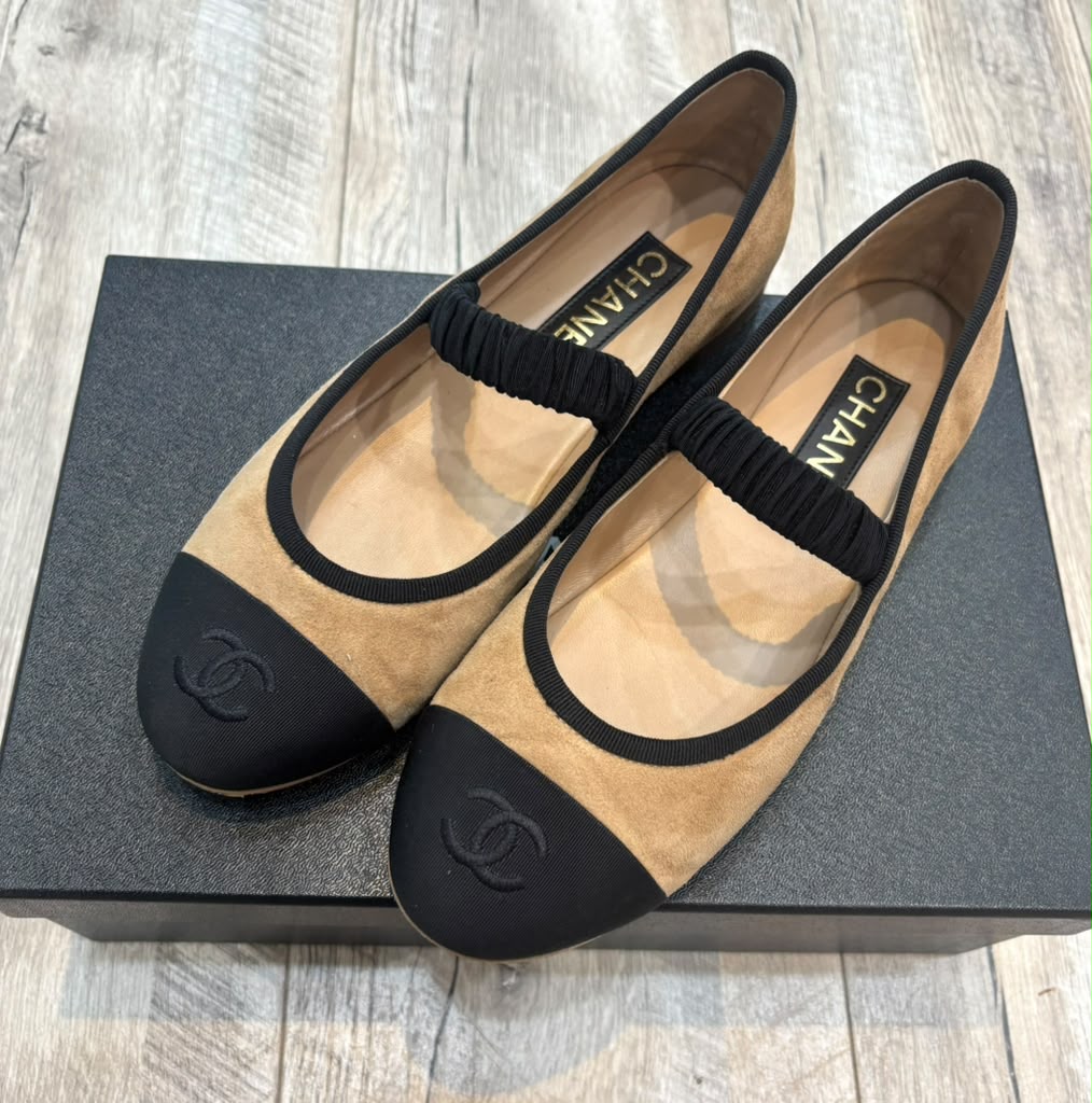 CHANEL GROSGRAIN SUEDE GOATSKIN MARY JANE BALLET FLATS