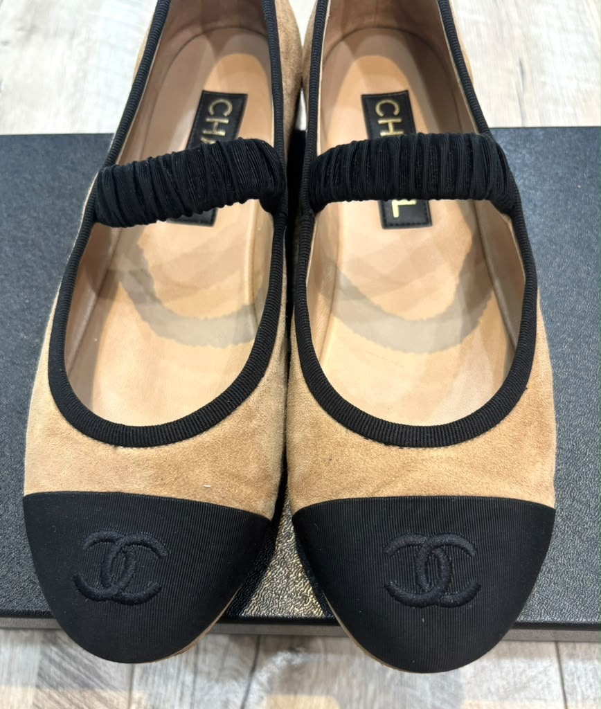 CHANEL GROSGRAIN SUEDE GOATSKIN MARY JANE BALLET FLATS
