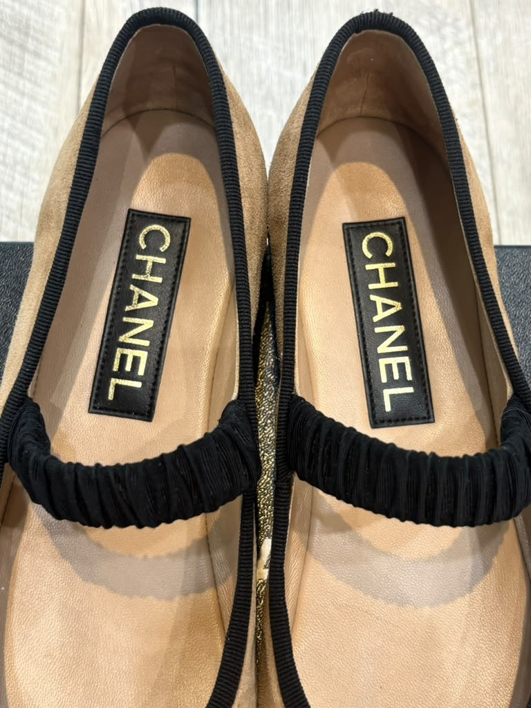 CHANEL GROSGRAIN SUEDE GOATSKIN MARY JANE BALLET FLATS