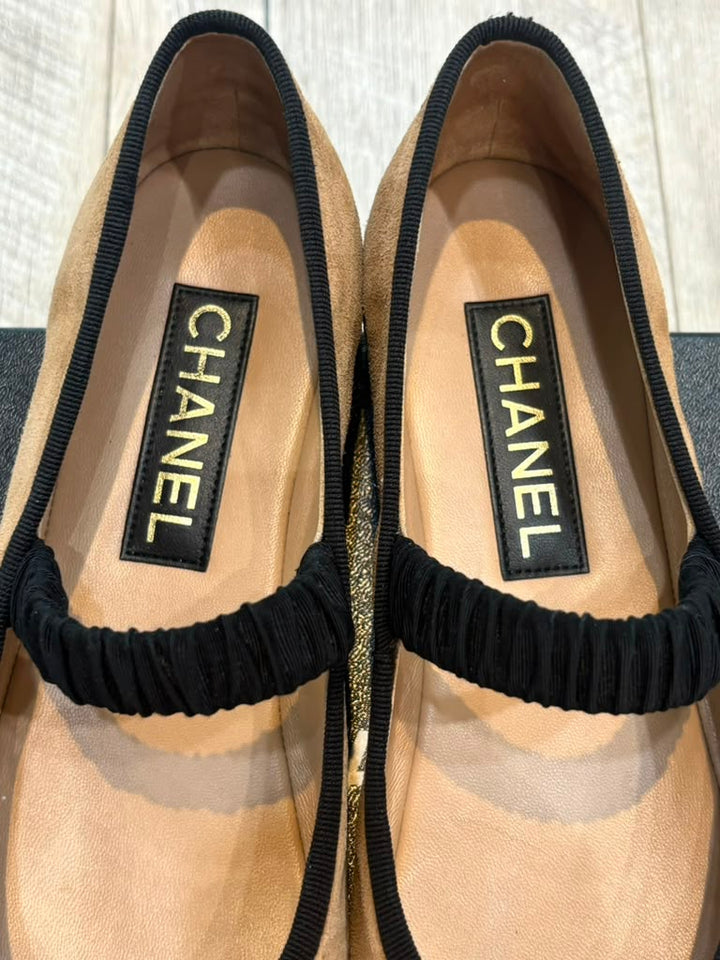 CHANEL GROSGRAIN SUEDE GOATSKIN MARY JANE BALLET FLATS