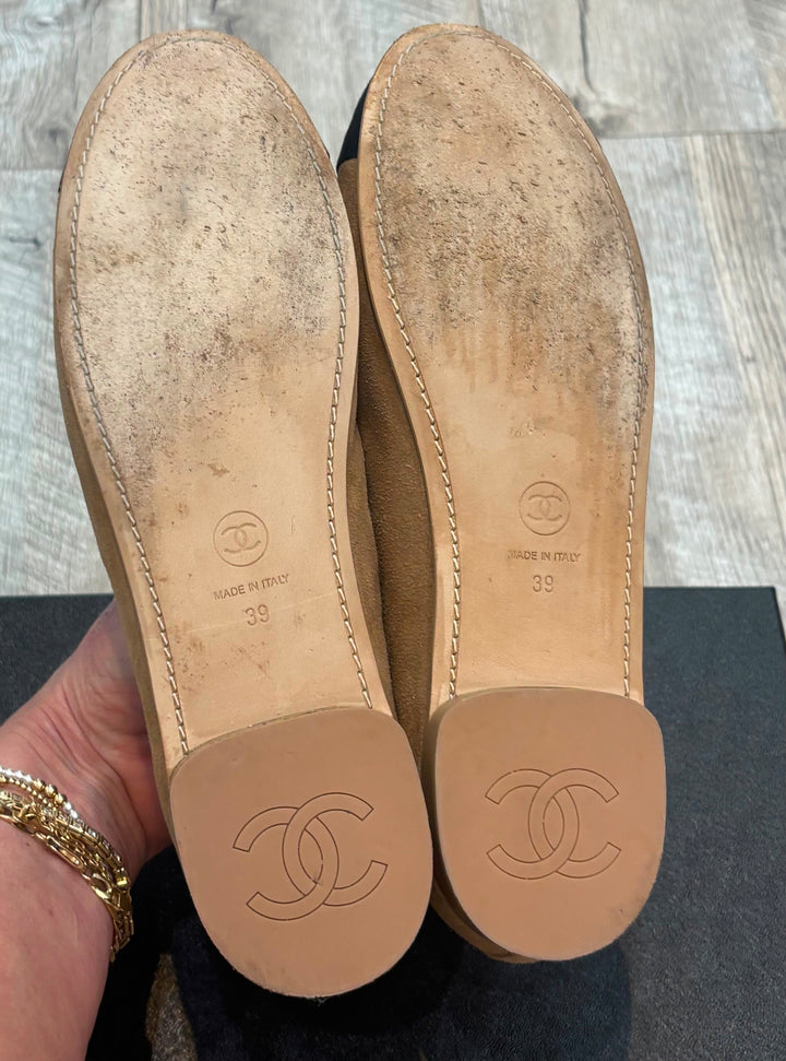 CHANEL GROSGRAIN SUEDE GOATSKIN MARY JANE BALLET FLATS