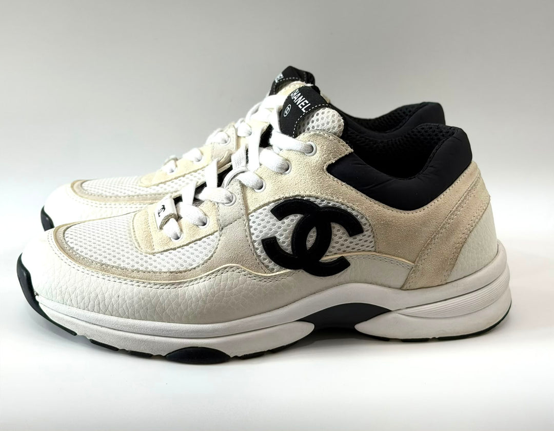 CHANEL CC MESH SUEDE CALFSKIN LETATHER SNEAKERS