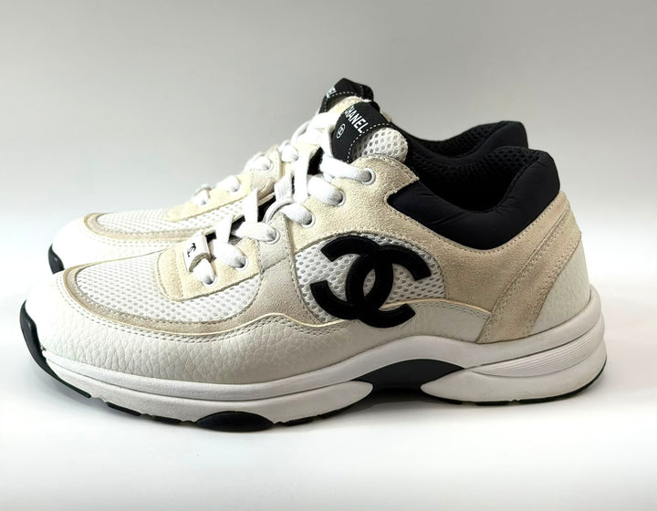 CHANEL CC MESH SUEDE CALFSKIN LETATHER SNEAKERS
