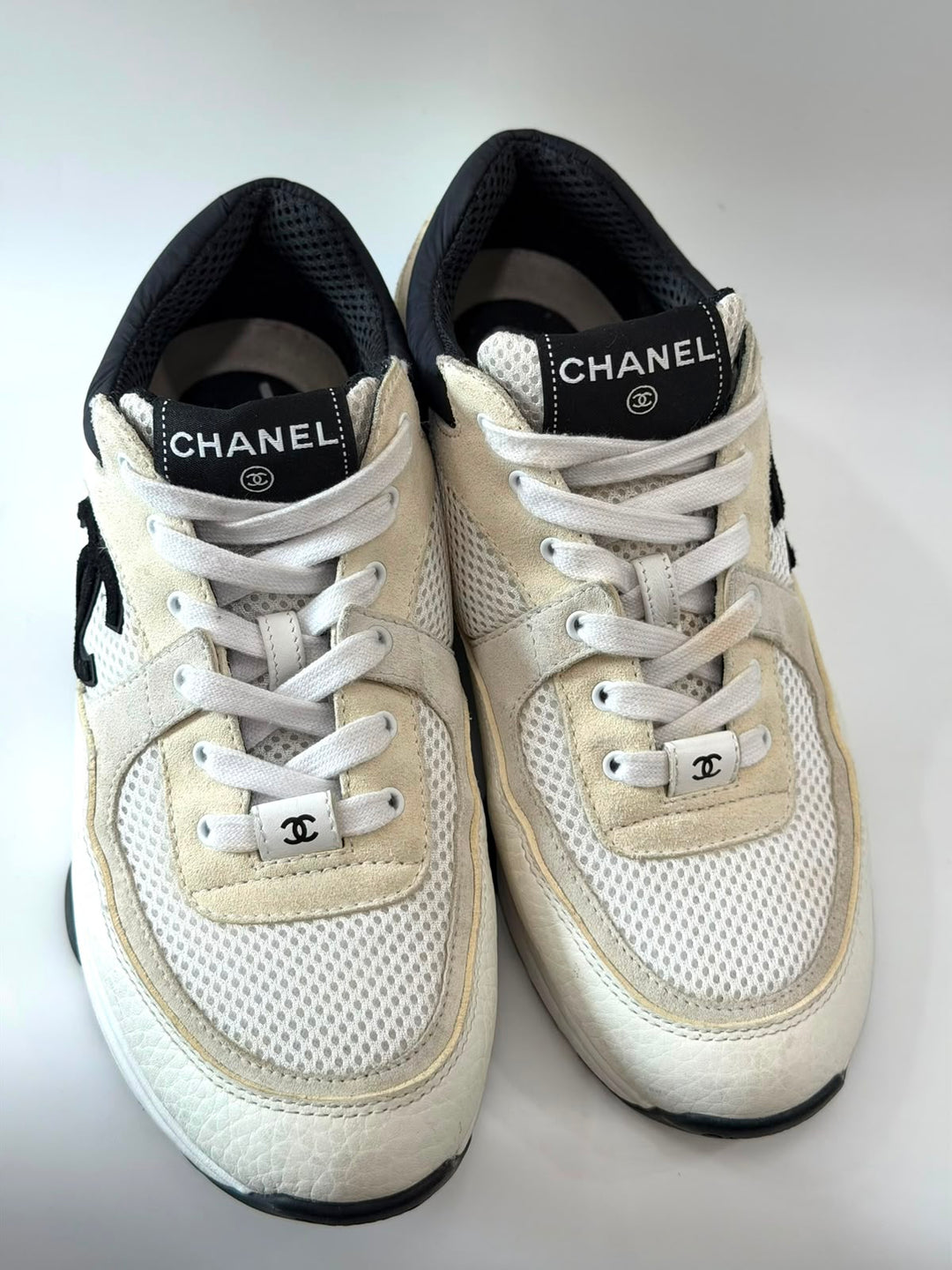 CHANEL CC MESH SUEDE CALFSKIN LETATHER SNEAKERS
