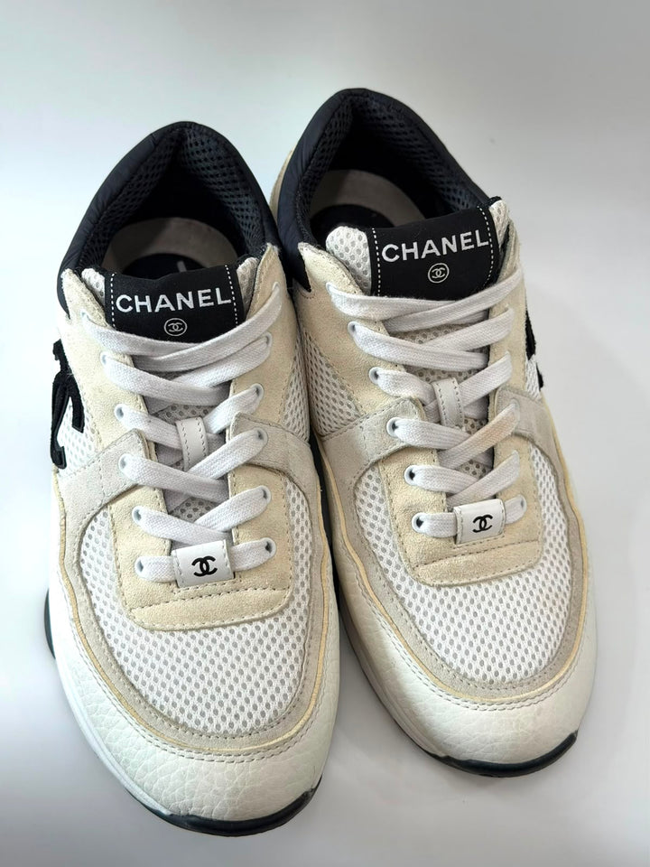 CHANEL CC MESH SUEDE CALFSKIN LETATHER SNEAKERS