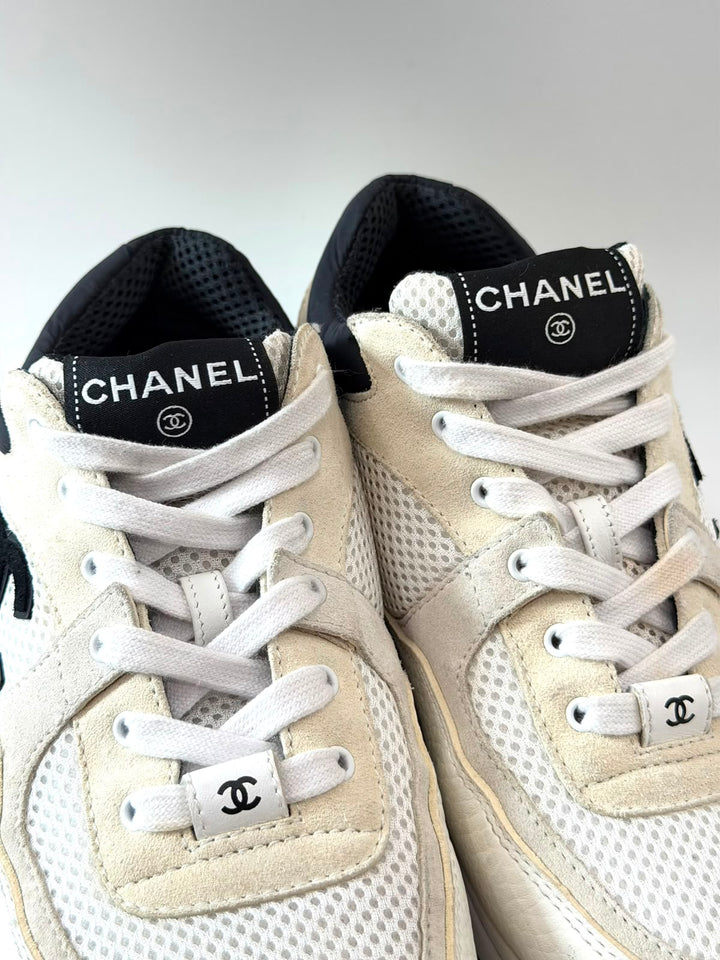 CHANEL CC MESH SUEDE CALFSKIN LETATHER SNEAKERS