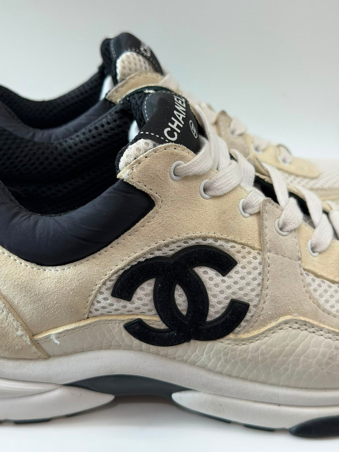 CHANEL CC MESH SUEDE CALFSKIN LETATHER SNEAKERS