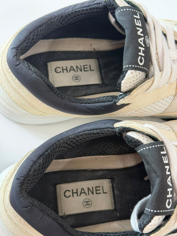 CHANEL CC MESH SUEDE CALFSKIN LETATHER SNEAKERS
