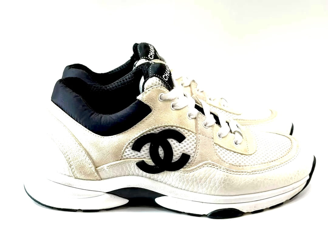 CHANEL CC MESH SUEDE CALFSKIN LETATHER SNEAKERS
