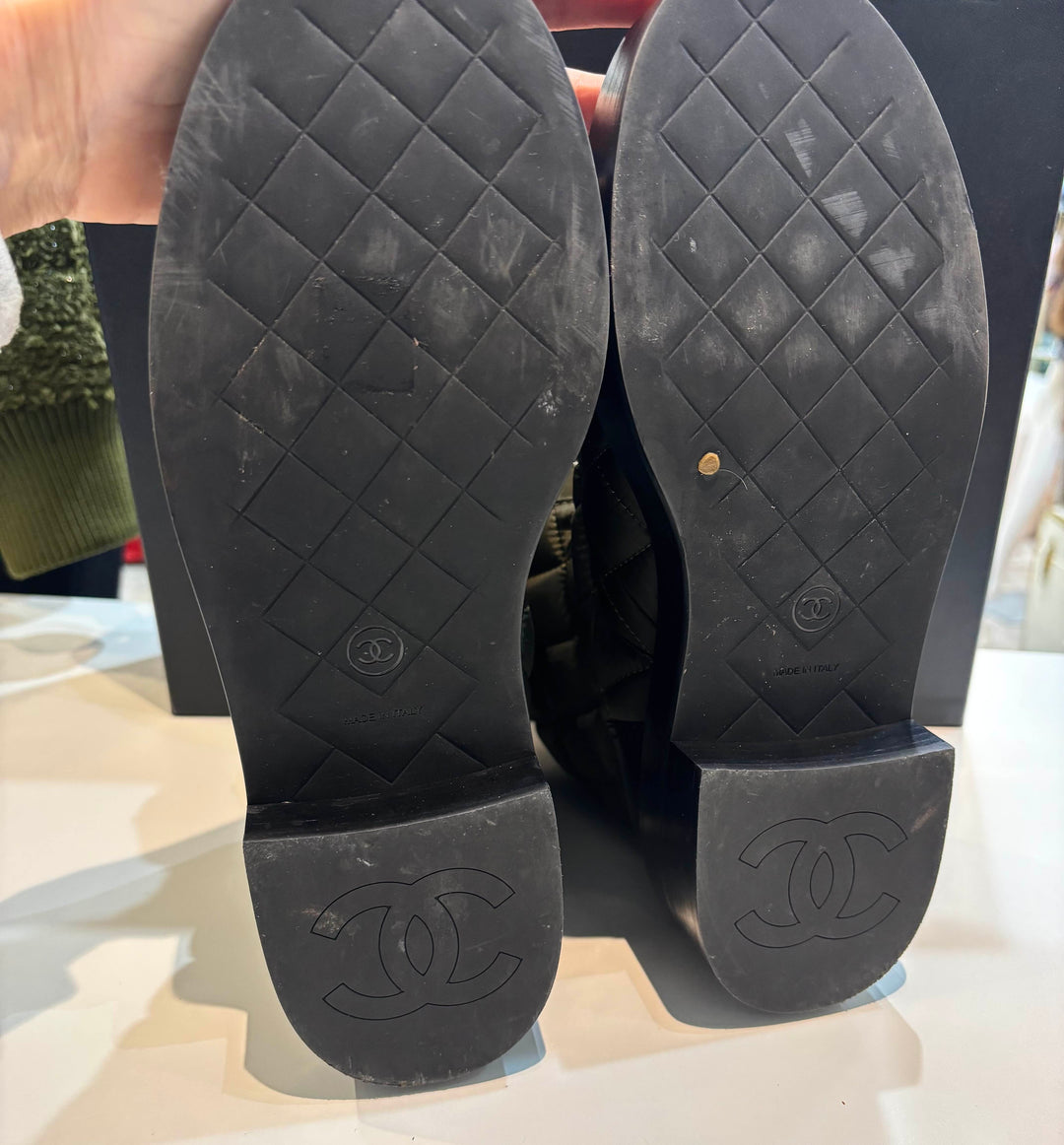 CHANEL OLIVE AND BLACK BOOTIES