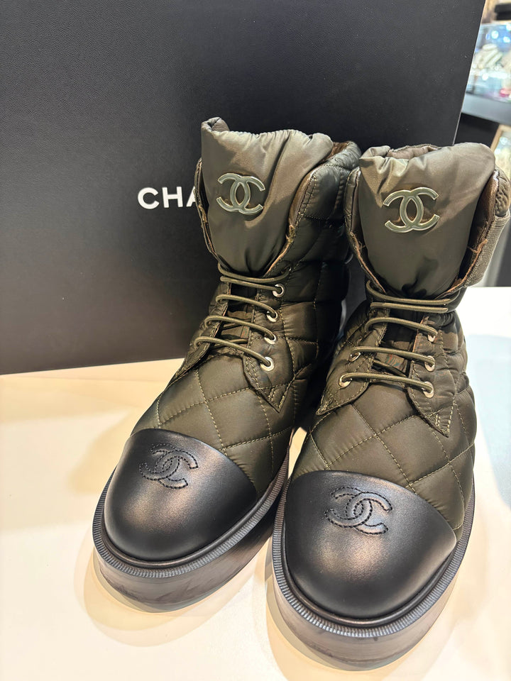 CHANEL OLIVE AND BLACK BOOTIES