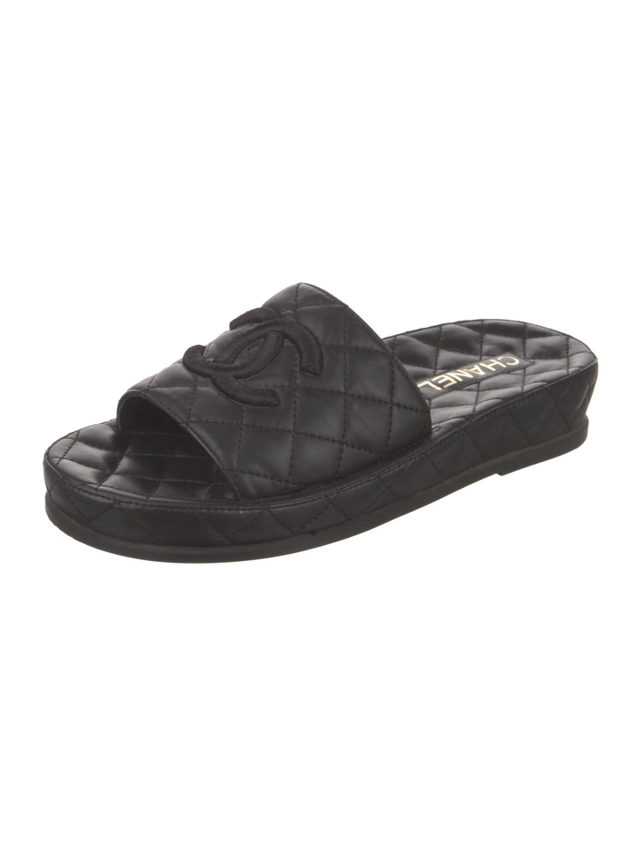 CHANEL QUILTED LAMBSKIN LEATHER CC LOGO MULES