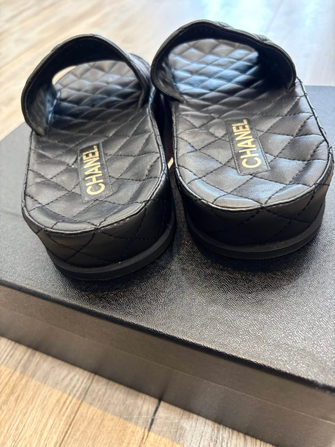 CHANEL QUILTED LAMBSKIN LEATHER CC LOGO MULES