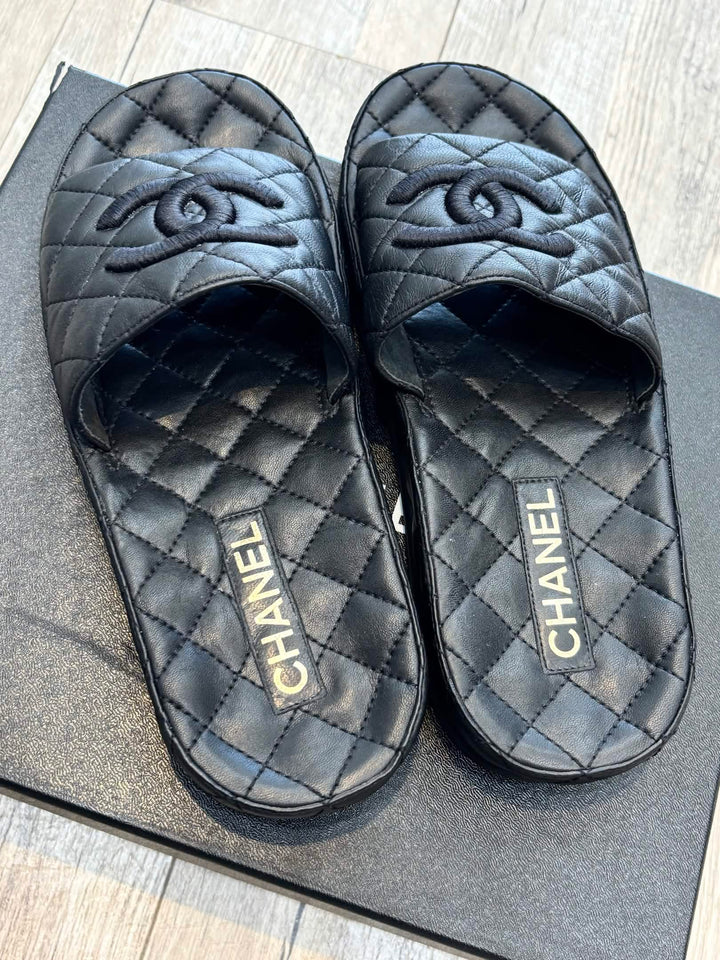 CHANEL QUILTED LAMBSKIN LEATHER CC LOGO MULES