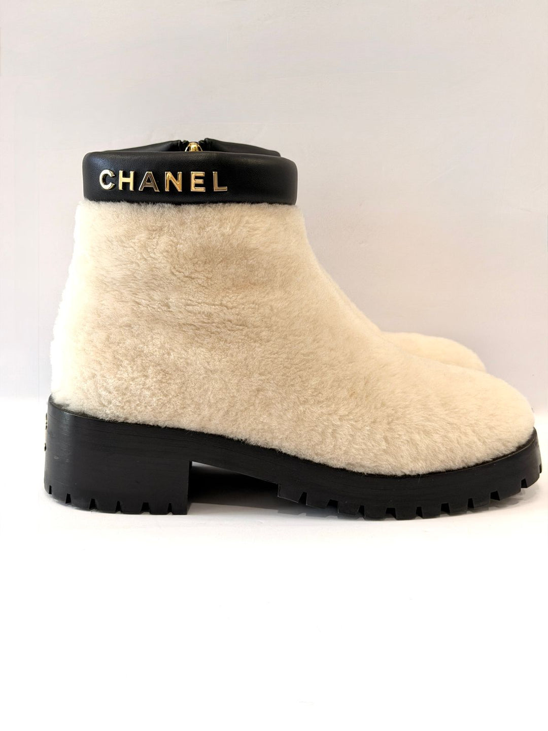 CHANEL SHEARLING LAMBSKIN CC LOGO ANKLE WINTER BOOTS