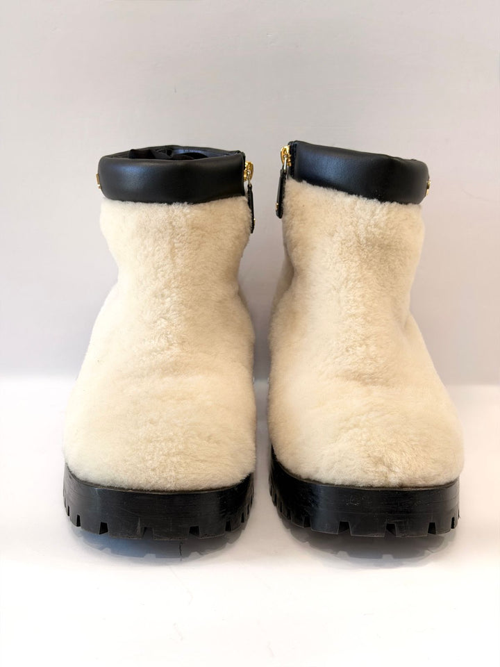 CHANEL SHEARLING LAMBSKIN CC LOGO ANKLE WINTER BOOTS