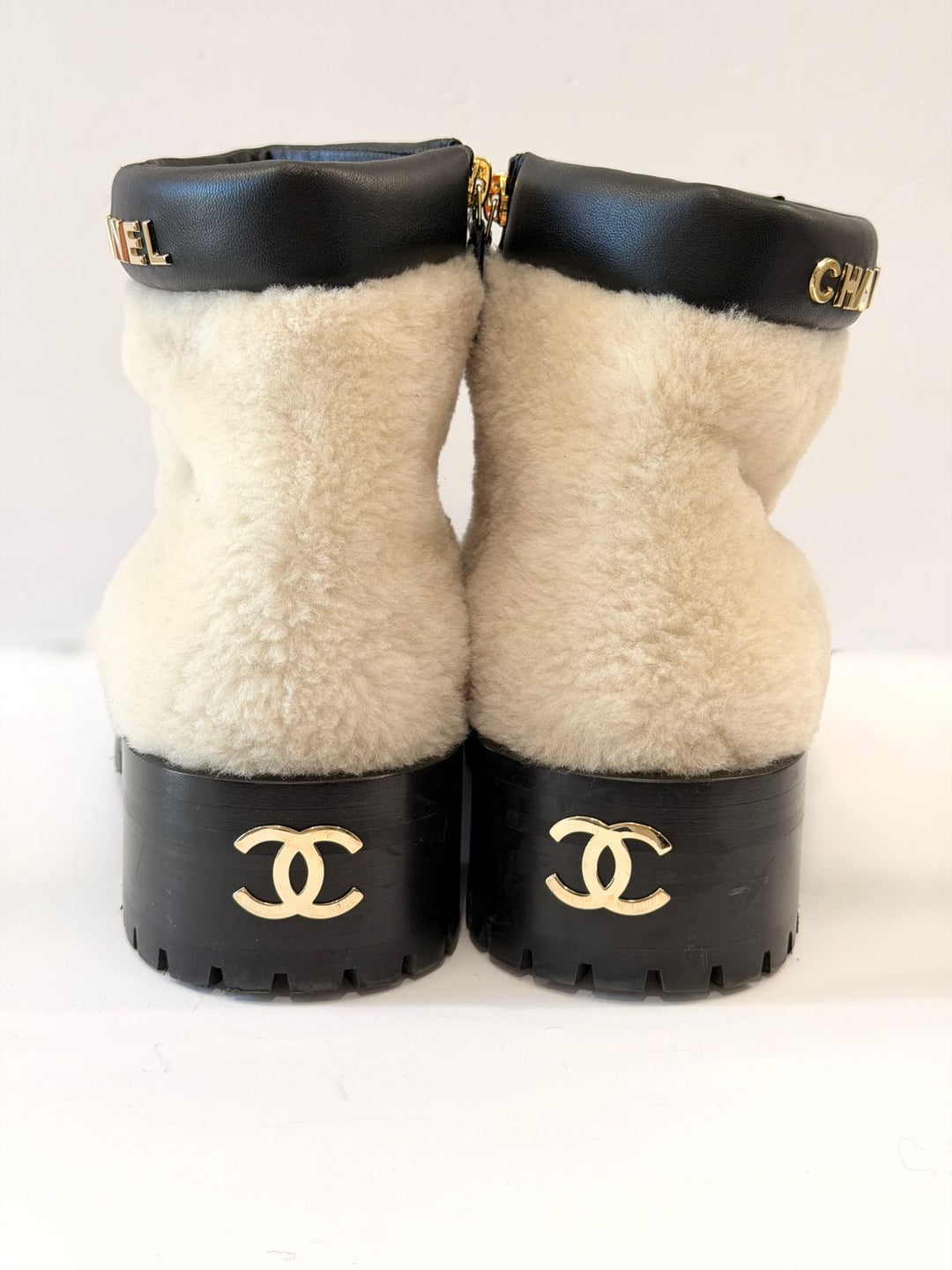 CHANEL SHEARLING LAMBSKIN CC LOGO ANKLE WINTER BOOTS