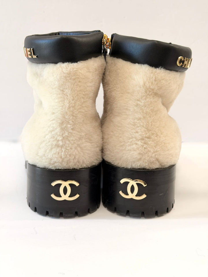 CHANEL SHEARLING LAMBSKIN CC LOGO ANKLE WINTER BOOTS