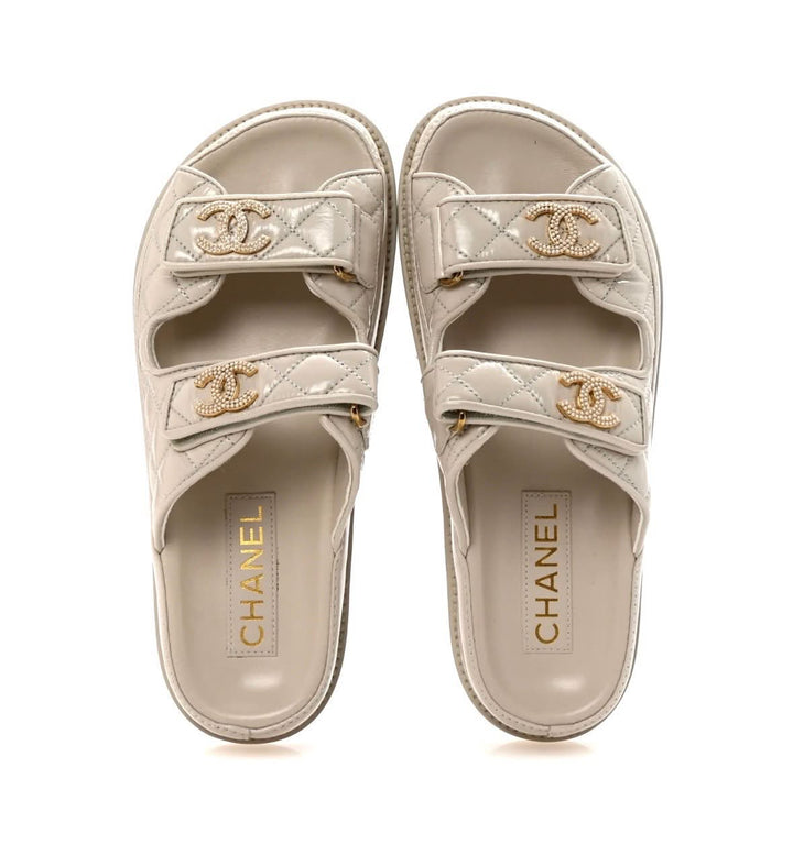 CHANEL QUILTED CALFSKIN PEARL &amp; CRYSTAL CC VELCRO DAD MULES