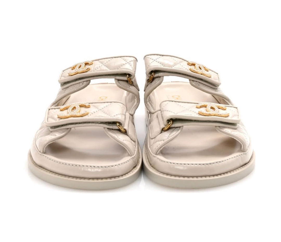 CHANEL QUILTED CALFSKIN PEARL &amp; CRYSTAL CC VELCRO DAD MULES