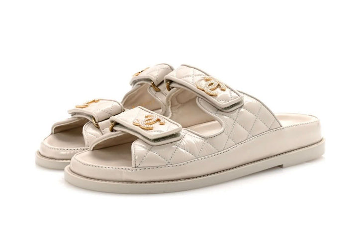 CHANEL QUILTED CALFSKIN PEARL &amp; CRYSTAL CC VELCRO DAD MULES