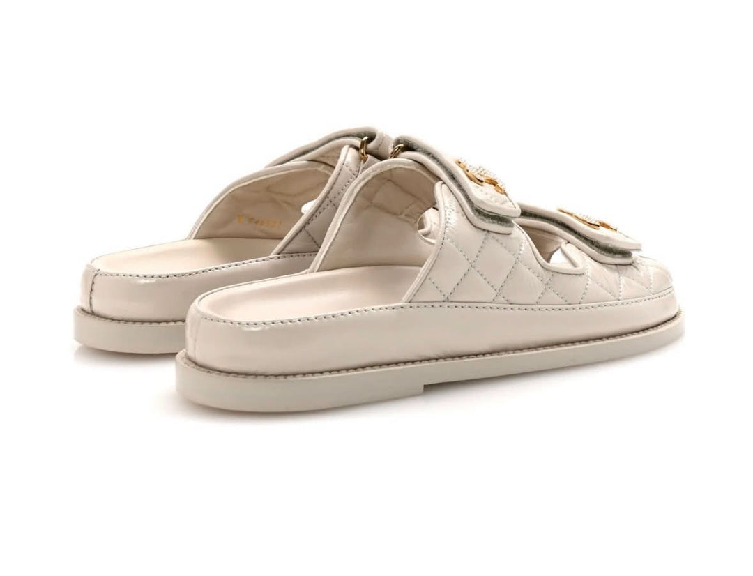 CHANEL QUILTED CALFSKIN PEARL &amp; CRYSTAL CC VELCRO DAD MULES