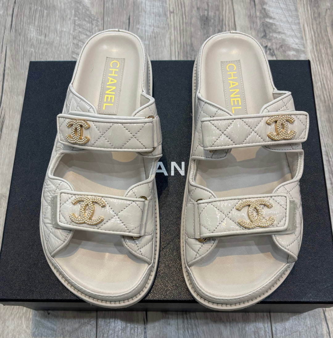 CHANEL QUILTED CALFSKIN PEARL &amp; CRYSTAL CC VELCRO DAD MULES