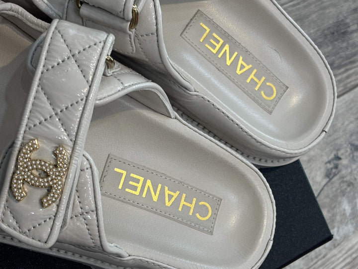 CHANEL QUILTED CALFSKIN PEARL &amp; CRYSTAL CC VELCRO DAD MULES