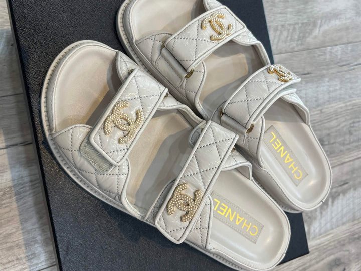 CHANEL QUILTED CALFSKIN PEARL &amp; CRYSTAL CC VELCRO DAD MULES