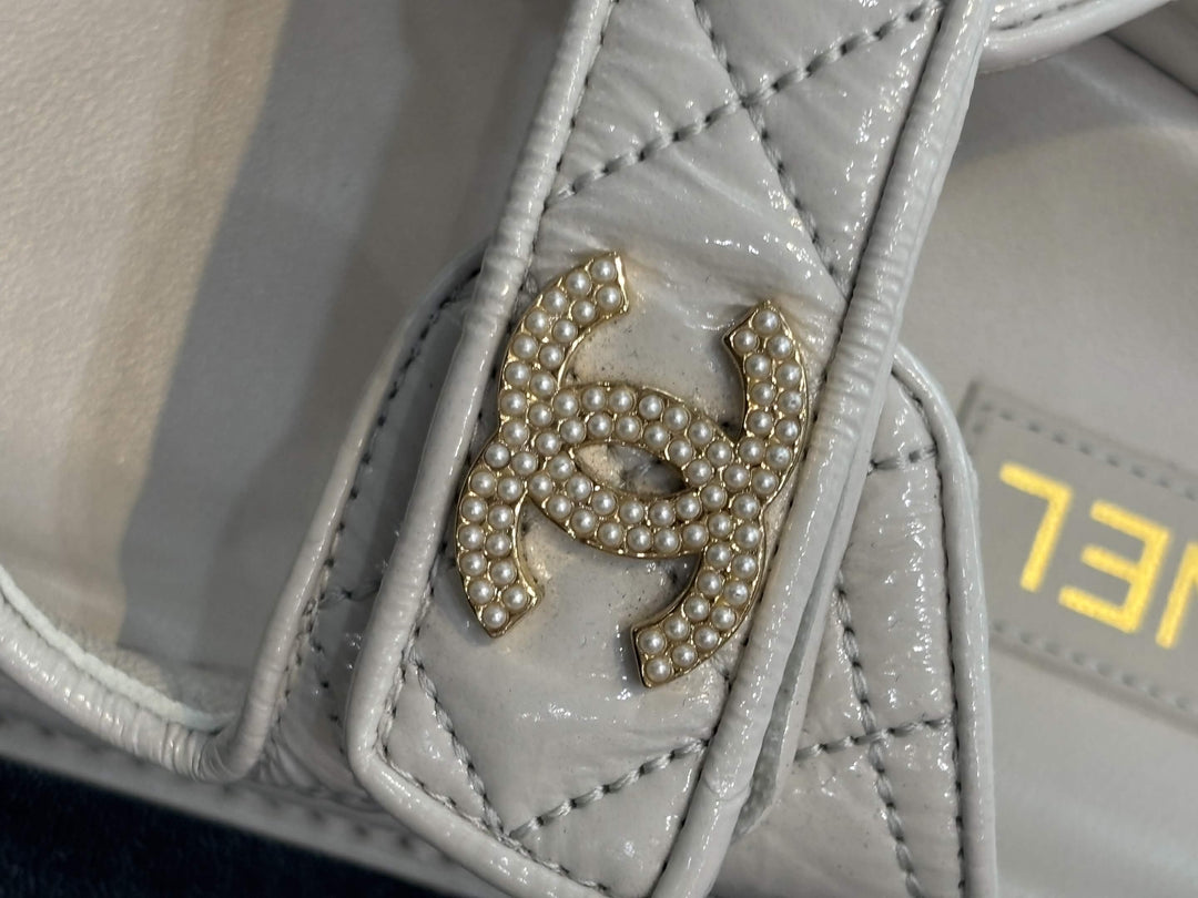 CHANEL QUILTED CALFSKIN PEARL &amp; CRYSTAL CC VELCRO DAD MULES