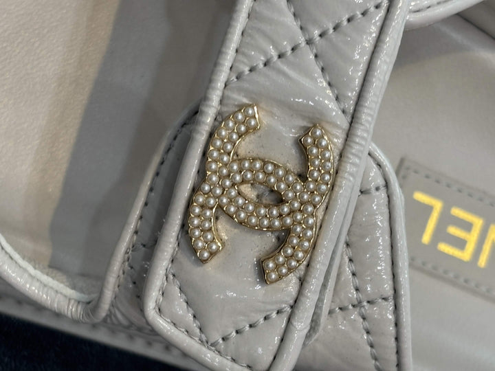 CHANEL QUILTED CALFSKIN PEARL &amp; CRYSTAL CC VELCRO DAD MULES