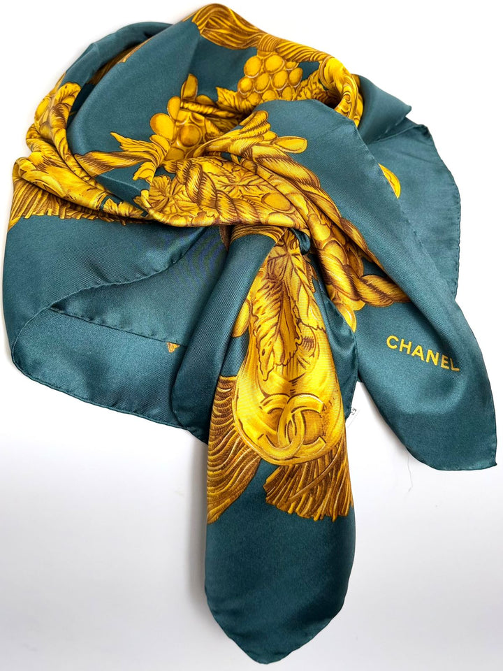 CHANEL GREEN FOLIAGE SILK SCARF