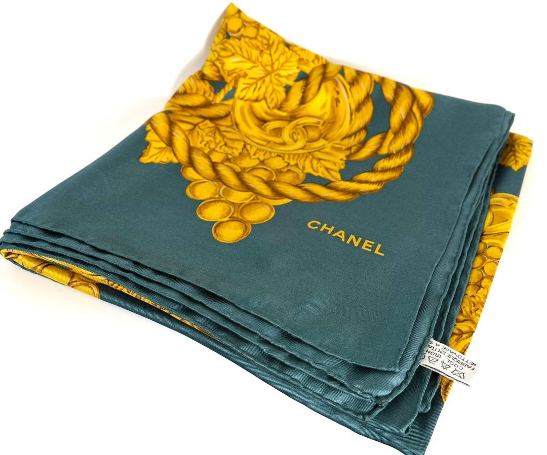 CHANEL GREEN FOLIAGE SILK SCARF