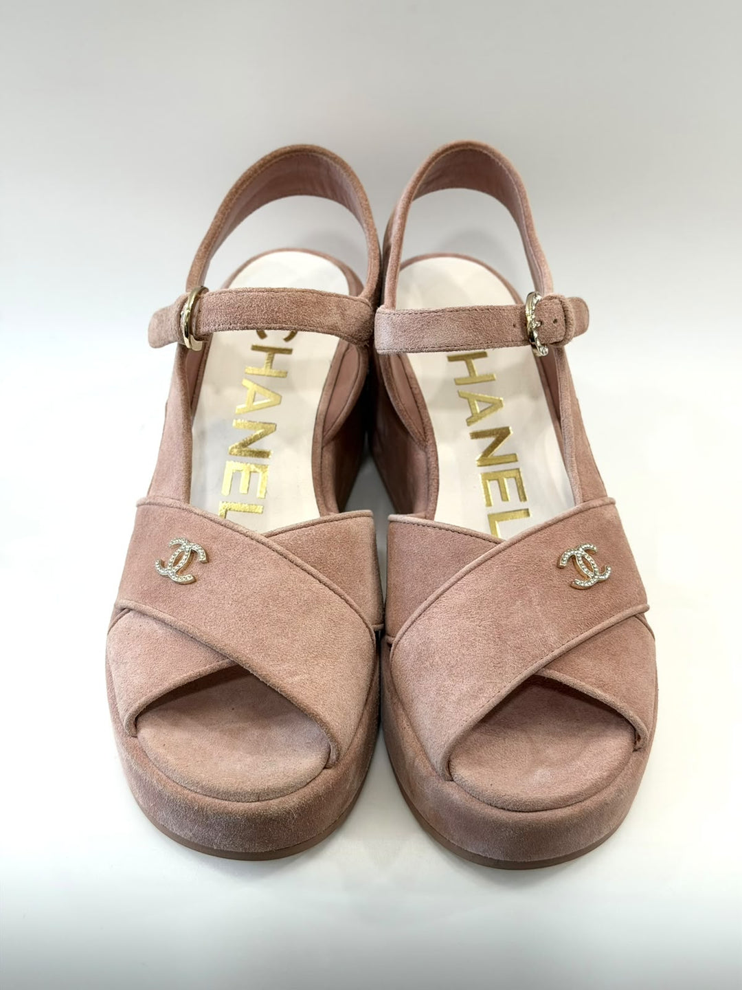 CHANEL SUEDE CALFSKIN PEEP TOE WEDGE SANDALS