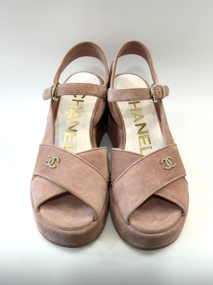 CHANEL SUEDE CALFSKIN PEEP TOE WEDGE SANDALS
