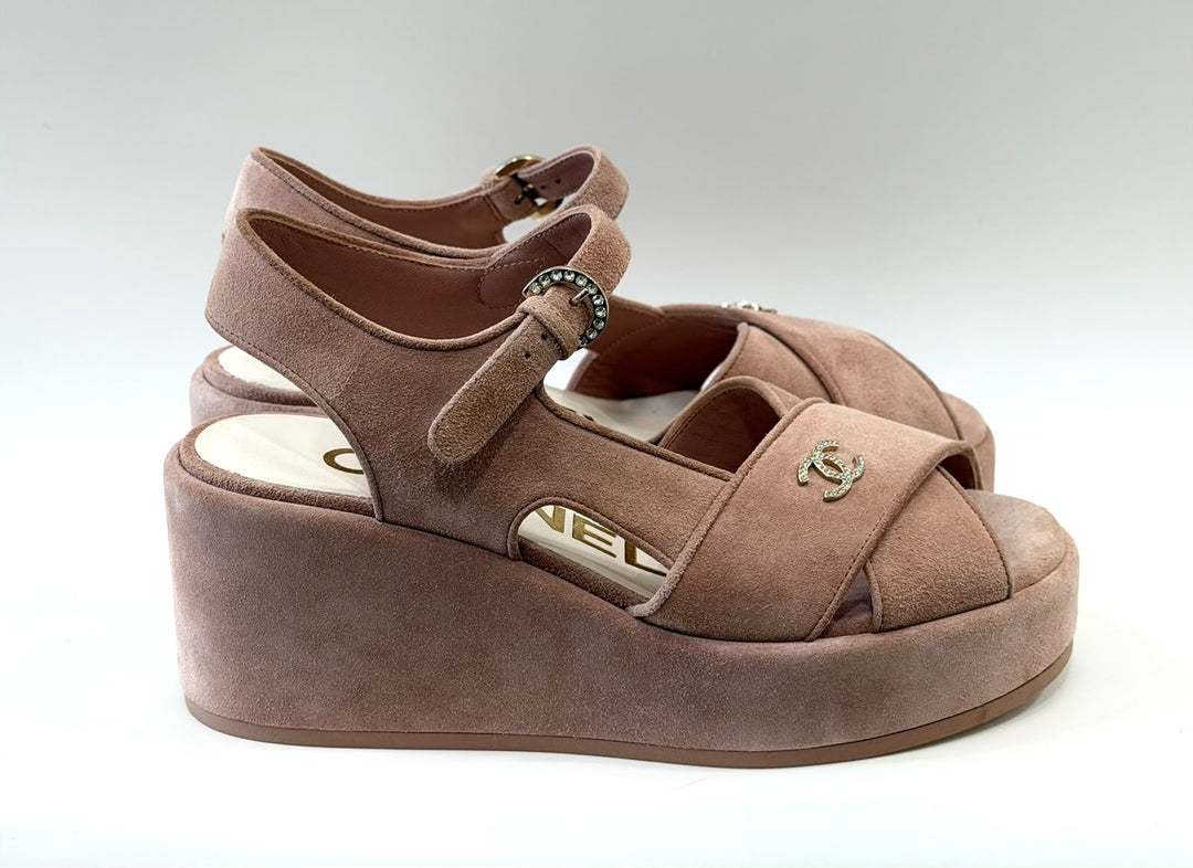 CHANEL SUEDE CALFSKIN PEEP TOE WEDGE SANDALS
